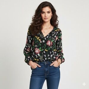 Old Navy Top Womens XL Black‎ Floral Boho Chic Cottagecore Peasant Flowy Tunic